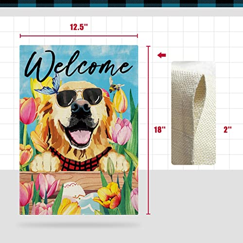 CMEGKE Spring Golden Retriever Tulip Garden Flag, Spring Golden Retriever Dog Flag, Easter Garden Flag Spring Summer Vertical Double Sided Burlap Welcome Dog Floral Holiday Party Rustic Farmhouse Yard Home Outdoor Decoration 12.5 x 18 In