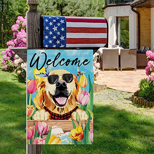 CMEGKE Spring Golden Retriever Tulip Garden Flag, Spring Golden Retriever Dog Flag, Easter Garden Flag Spring Summer Vertical Double Sided Burlap Welcome Dog Floral Holiday Party Rustic Farmhouse Yard Home Outdoor Decoration 12.5 x 18 In