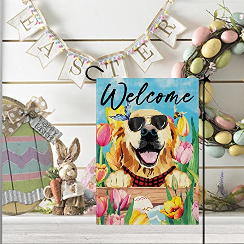 CMEGKE Spring Golden Retriever Tulip Garden Flag, Spring Golden Retriever Dog Flag, Easter Garden Flag Spring Summer Vertical Double Sided Burlap Welcome Dog Floral Holiday Party Rustic Farmhouse Yard Home Outdoor Decoration 12.5 x 18 In