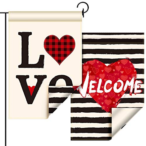 Garden Flag Double Sided, Buffalo Plaid Red Heart Love Valentines Day Flag Yard Outdoor Decoration, Holiday Spring Seasonal Small Vertical Banner Sign Anniversary Wedding Valentine 12.5 x 18.5 Inch