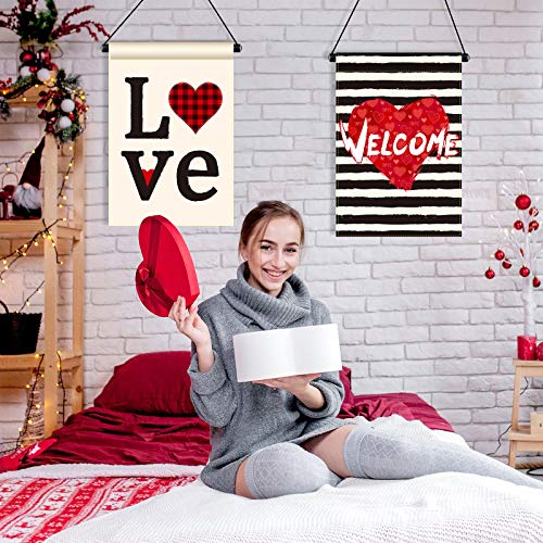 Garden Flag Double Sided, Buffalo Plaid Red Heart Love Valentines Day Flag Yard Outdoor Decoration, Holiday Spring Seasonal Small Vertical Banner Sign Anniversary Wedding Valentine 12.5 x 18.5 Inch