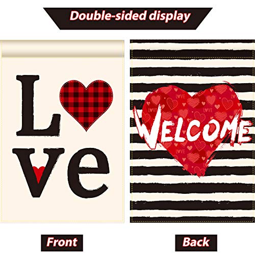 Garden Flag Double Sided, Buffalo Plaid Red Heart Love Valentines Day Flag Yard Outdoor Decoration, Holiday Spring Seasonal Small Vertical Banner Sign Anniversary Wedding Valentine 12.5 x 18.5 Inch