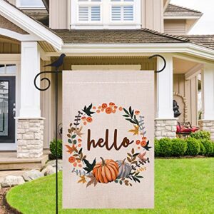 Shmbada Hello Fall Thanksgiving Day Welcome Double Sided Burlap Garden Flag, Premium Material, Seasonal Holiday Outdoor Decorative Small Flags for Home House Garden Yard Lawn Patio, 12.5 x 18.5 inch