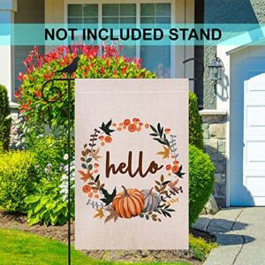 Shmbada Hello Fall Thanksgiving Day Welcome Double Sided Burlap Garden Flag, Premium Material, Seasonal Holiday Outdoor Decorative Small Flags for Home House Garden Yard Lawn Patio, 12.5 x 18.5 inch