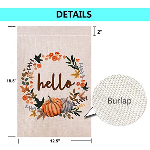Shmbada Hello Fall Thanksgiving Day Welcome Double Sided Burlap Garden Flag, Premium Material, Seasonal Holiday Outdoor Decorative Small Flags for Home House Garden Yard Lawn Patio, 12.5 x 18.5 inch