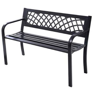 tangkula outdoor garden bench park bench with steel frame & pvc backrest, park bench with large seat for 2-3 people, patio furniture chair for yard, balcony, porch & poolside, garden welcome bench