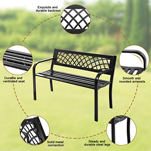 Tangkula Outdoor Garden Bench Park Bench with Steel Frame & PVC Backrest, Park Bench with Large Seat for 2-3 People, Patio Furniture Chair for Yard, Balcony, Porch & Poolside, Garden Welcome Bench