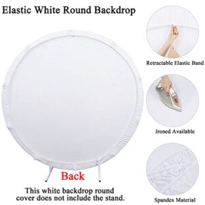 Bxsif White Backdrop Round Cover - 7.2x7.2FT White Round Backdrop with 2PCS Clips Oh Baby Happy Birthday Stickers Photography Background for Wedding Baby Birthday Party Decoration.