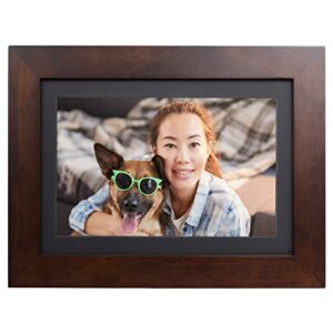 simply smart home photoshare 10” wifi digital picture frame, send pics from phone to frames, 8 gb, holds 5,000+ photos, hd touchscreen, espresso wood frame, easy setup, no fees