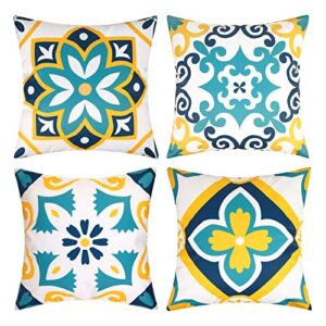 cygnus outdoor waterproof throw pillow covers 18×18 inch set of 4 boho decorative floral covers for patio furniture porch (18 * 18inch/45 * 45cm,teal and yellow)