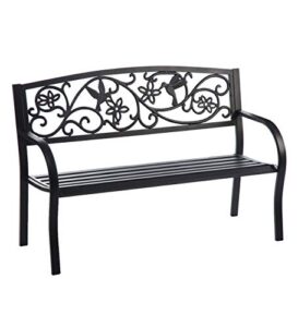 plow & hearth black metal hummingbird garden bench for patio, yard and garden with detailed decorative back design featuring birds, vines and flowers, 50″ w x 19½”d x 34½”h
