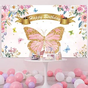 Butterfly Birthday Party Backdrop Decorations Pink and Purple Butterfly Theme Party Background Banner Signs Favor Supplies for Toddler’ Birthday Baby Girl Shower,Pink Photo Booth Props,71’’ x 43’’