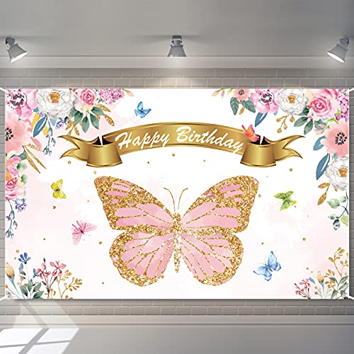 Butterfly Birthday Party Backdrop Decorations Pink and Purple Butterfly Theme Party Background Banner Signs Favor Supplies for Toddler’ Birthday Baby Girl Shower,Pink Photo Booth Props,71’’ x 43’’