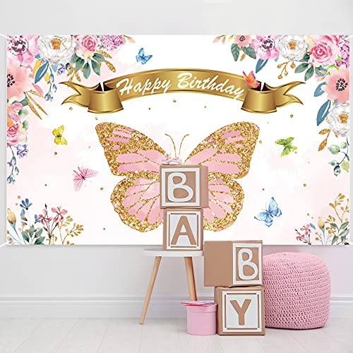 Butterfly Birthday Party Backdrop Decorations Pink and Purple Butterfly Theme Party Background Banner Signs Favor Supplies for Toddler’ Birthday Baby Girl Shower,Pink Photo Booth Props,71’’ x 43’’