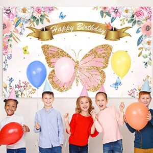 Butterfly Birthday Party Backdrop Decorations Pink and Purple Butterfly Theme Party Background Banner Signs Favor Supplies for Toddler’ Birthday Baby Girl Shower,Pink Photo Booth Props,71’’ x 43’’