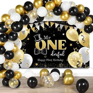 boys 1st birthday decoration mr. onederful birthday party supplies 1st happy birthday backdrop photography background with balloons for baby toddler little man first birthday decor (black and gold)