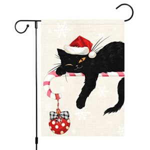 merry christmas garden flag 12×18 double sided, burlap winter christmas bell black cat garden yard flags for xmas christmas outside outdoor decoration (only flag)