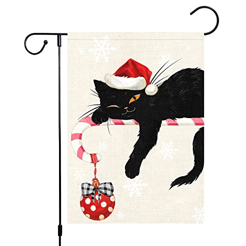 Merry Christmas Garden Flag 12x18 Double Sided, Burlap Winter Christmas Bell Black Cat Garden Yard Flags for Xmas Christmas Outside Outdoor Decoration (ONLY FLAG)