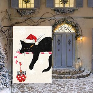 Merry Christmas Garden Flag 12x18 Double Sided, Burlap Winter Christmas Bell Black Cat Garden Yard Flags for Xmas Christmas Outside Outdoor Decoration (ONLY FLAG)