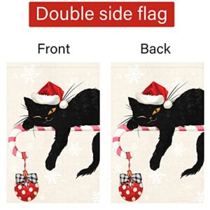 Merry Christmas Garden Flag 12x18 Double Sided, Burlap Winter Christmas Bell Black Cat Garden Yard Flags for Xmas Christmas Outside Outdoor Decoration (ONLY FLAG)