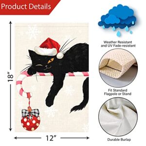 Merry Christmas Garden Flag 12x18 Double Sided, Burlap Winter Christmas Bell Black Cat Garden Yard Flags for Xmas Christmas Outside Outdoor Decoration (ONLY FLAG)