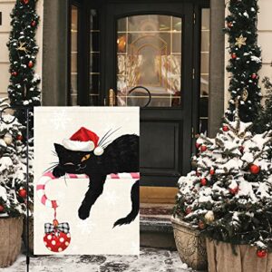 Merry Christmas Garden Flag 12x18 Double Sided, Burlap Winter Christmas Bell Black Cat Garden Yard Flags for Xmas Christmas Outside Outdoor Decoration (ONLY FLAG)