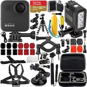 gopro max 360 action camera with premium accessory bundle – includes: sandisk extreme 32gb microsdhc memory card, rechargeable underwater led light, protective carrying case & much more