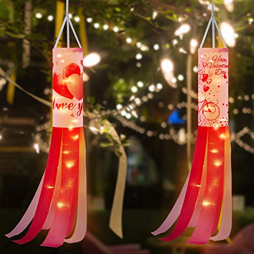 2 Pieces Happy Valentine's Day Windsock Polyester Garden Windsock Heart Pattern Windsock Flag Outdoor Hanging Decorative Windsocks for Valentine's Day Front Yard Patio Lawn Garden (Sweet Style)