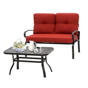 incbruce patio loveseat with coffee table – outdoor bench with cushion,2 piece wrought iron outdoor loveseat metal frame porch furniture set bench for patio, poolside, garden (red)
