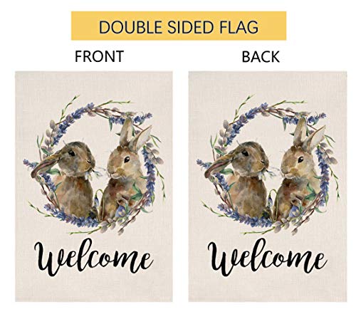 Spring Easter Bunny Lavender Welcome Garden Flag Vertical Double Sided Burlap Yard Rabbit Wreath Outdoor Decor 12.5 x 18 Inches