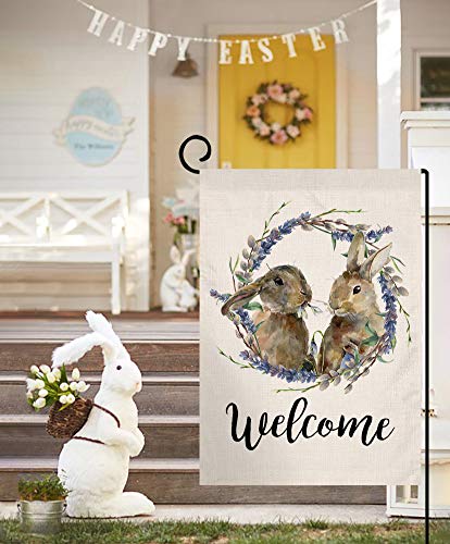 Spring Easter Bunny Lavender Welcome Garden Flag Vertical Double Sided Burlap Yard Rabbit Wreath Outdoor Decor 12.5 x 18 Inches