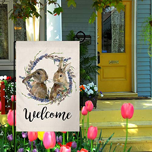 Spring Easter Bunny Lavender Welcome Garden Flag Vertical Double Sided Burlap Yard Rabbit Wreath Outdoor Decor 12.5 x 18 Inches