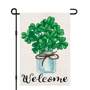 welcome green lucky shamrocks st patricks day garden flag 12×18 inch double sided burlap, seasonal sign yard outdoor decorations df187