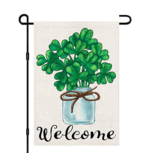 Welcome Green Lucky Shamrocks St Patricks Day Garden Flag 12x18 Inch Double Sided Burlap, Seasonal Sign Yard Outdoor Decorations DF187