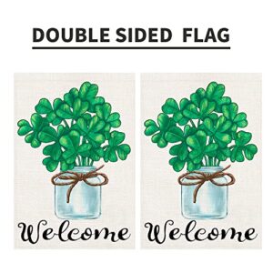 Welcome Green Lucky Shamrocks St Patricks Day Garden Flag 12x18 Inch Double Sided Burlap, Seasonal Sign Yard Outdoor Decorations DF187