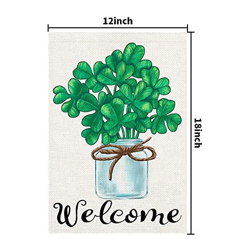 Welcome Green Lucky Shamrocks St Patricks Day Garden Flag 12x18 Inch Double Sided Burlap, Seasonal Sign Yard Outdoor Decorations DF187