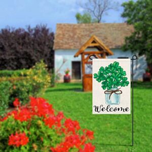 Welcome Green Lucky Shamrocks St Patricks Day Garden Flag 12x18 Inch Double Sided Burlap, Seasonal Sign Yard Outdoor Decorations DF187