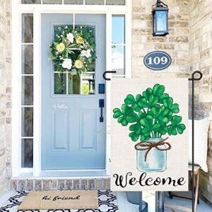 Welcome Green Lucky Shamrocks St Patricks Day Garden Flag 12x18 Inch Double Sided Burlap, Seasonal Sign Yard Outdoor Decorations DF187