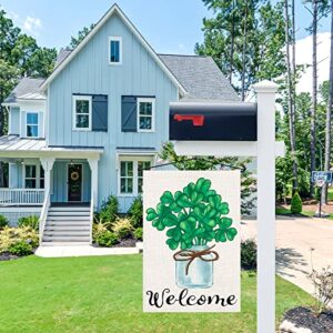 Welcome Green Lucky Shamrocks St Patricks Day Garden Flag 12x18 Inch Double Sided Burlap, Seasonal Sign Yard Outdoor Decorations DF187