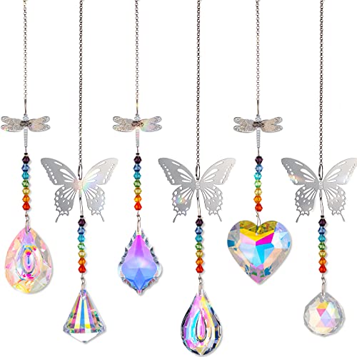 GLORIEROO Crystal Sun Catcher with Butterfly Dragonfly Hanging Ornament, for Window Room Decor Chandeliers Home Garden Christmas Tree Party Wedding Gifts (Pack of 6 Sun Catcher)