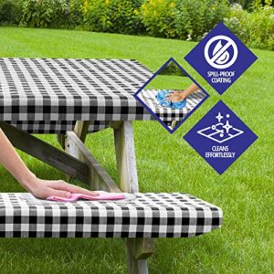 Sorfey Vinyl Picnic Table and Bench Fitted Tablecloth Cover, Checkered Design, Flannel Backed Lining, 30 x 72 Inch, 3-Piece Set, Black