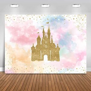 mocsicka princess castle birthday backdrop watercolor pastel rainbow birthday background gold glitter royal birthday party cake table decoration photo booth props (7x5ft)
