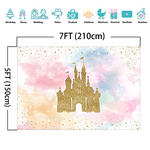 Mocsicka Princess Castle Birthday Backdrop Watercolor Pastel Rainbow Birthday Background Gold Glitter Royal Birthday Party Cake Table Decoration Photo Booth Props (7x5ft)