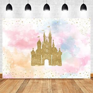 Mocsicka Princess Castle Birthday Backdrop Watercolor Pastel Rainbow Birthday Background Gold Glitter Royal Birthday Party Cake Table Decoration Photo Booth Props (7x5ft)