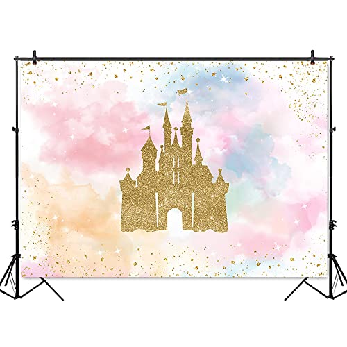 Mocsicka Princess Castle Birthday Backdrop Watercolor Pastel Rainbow Birthday Background Gold Glitter Royal Birthday Party Cake Table Decoration Photo Booth Props (7x5ft)