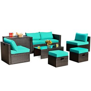 tangkula 8 piece patio furniture set, patiojoy outdoor space saving pe rattan sectional sofa set for 6 with waterpfoor cover, for garden, deck, poolside and balcony (turquoise)