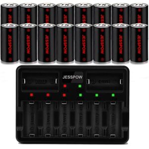 jesspow cr123a rechargeable batteries 16 pack with charger, rechargeable lithium batteries [ 750mah 3.7v ] for arlo cameras (vmc3030/vmk3200/vms3330/3430/3530), flashlight