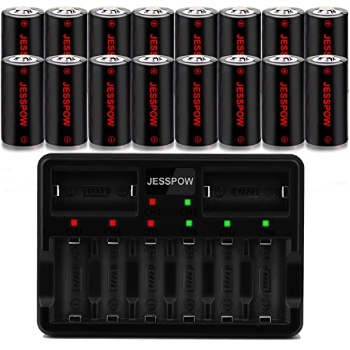 JESSPOW CR123A Rechargeable Batteries 16 Pack with Charger, Rechargeable Lithium Batteries [ 750mAh 3.7V ] for Arlo Cameras (VMC3030/VMK3200/VMS3330/3430/3530), Flashlight