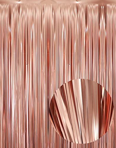 GOER 6.4 ft x 9.8 ft Metallic Tinsel Foil Fringe Curtains,Pack of 2 Party Streamer Backdrop for Birthday,Graduation Decorations and New Year Eve (Matte Rose Gold)