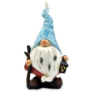 Hazel & Birch Outdoor Garden Gnomes Decorations - 9 inches Tall - Gnome Statues for Yard, Lawn, Patio, Porch - Hand Painted Decor, Weatherproof Gnome Figurine (Blue Hat Stick & Lantern Gnome)